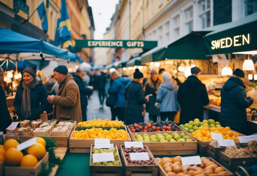 En travl markedsplads i Sverige med sælgere der fremviser et udvalg af oplevelsesgaver for enhver smag En travl markedsplads i Sverige med sælgere der fremviser et udvalg af oplevelsesgaver for enhver smag